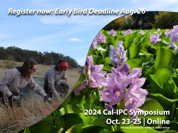 Collage image split by rising curve from left to right with two people pulling weeds in a brown grassy field on left, close up of water hyacinth on right. header text Register now: Early Bird Deadline Aug 26