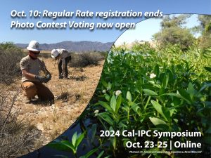 Collage image split by rising curve from left to right with a man and woman in hard hats hand pulling weeds in the left and bright green alligator weed with white flowers invading a water way on the right header text overlay 2024 Cal-IPC Symposium Online, Oct. 23-25