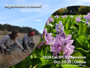 Collage image split by rising curve from left to right with two people pulling weeds in a brown grassy field on left, close up of water hyacinth on right. header text Registration is closed!