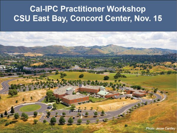 Overhead view of CSU East Bay Concord campus with text Cal-IPC Practitioner Workshop CSU East Bay, Concord Center, Nov. 15